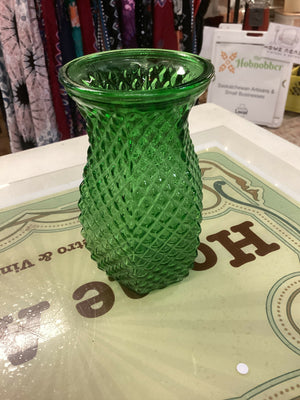 Vintage Green Hoosier Glass Small Vase Diamond Cut Design Wide Mouth