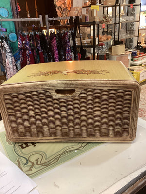 Vintage Metal Bread Box Woven Basket Door Vented Back Farmhouse Kitchen