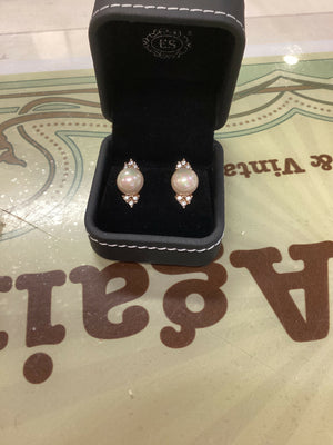 Vintage Gold Coloured Imitation Pearls & Rhinestone Pierced Earrings