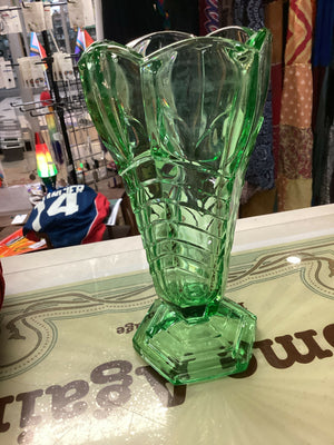 Vintage 1940s George Davidson Green Glass Vase Chevron Pattern, Art Deco Style
