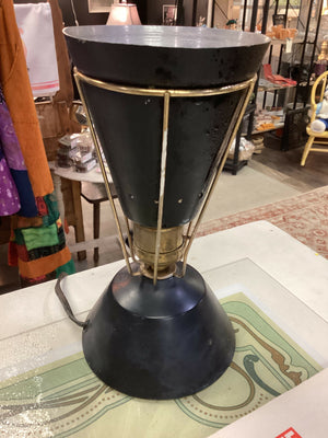 Vintage MCM Atomic Space Age Black Gold Metal Cone Uplight Small Table Light Lamp