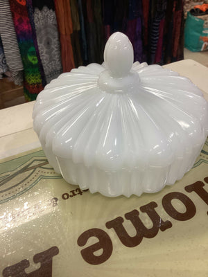 Vintage milk glass candy dish, Anchor Hocking Old Cafe pattern round box