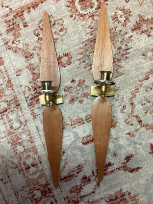 Vintage 1960s Atomic Candle Wall Sconce Pair, Teak and Brass