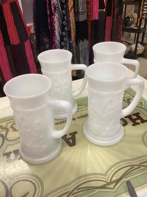 Vintage Federal White Milk Glass Mug Beer Stein Cup Tavern Relief Bar Scene