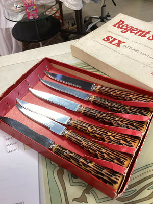 Sheffield Stainless Serrated Steak Knives with Faux Stag Horn Handles - Set of 6