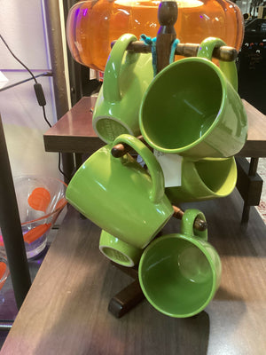 6 Retro Green Corelle Mugs with Mug Tree