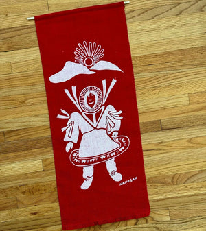 Vintage silkscreen on coloured burlap by Inuit artists.