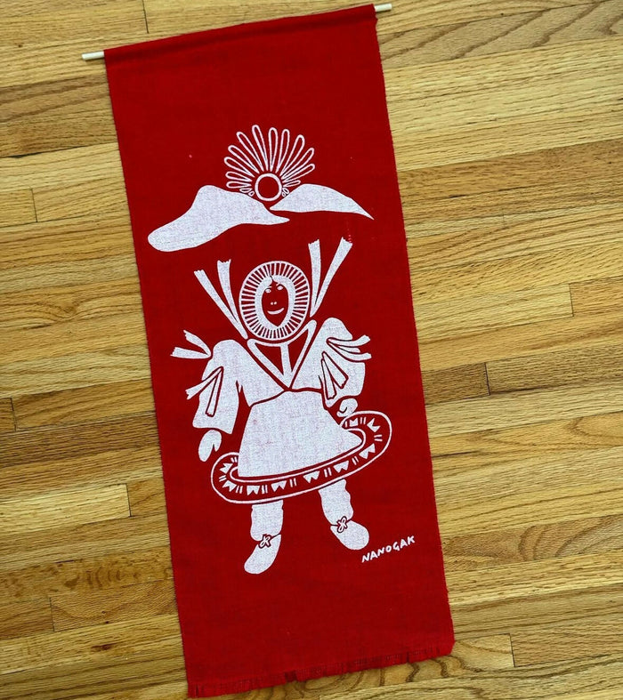 Vintage silkscreen on coloured burlap by Inuit artists.