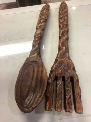 Vintage Wooden Fork & Spoon Wall Decor (19” long)