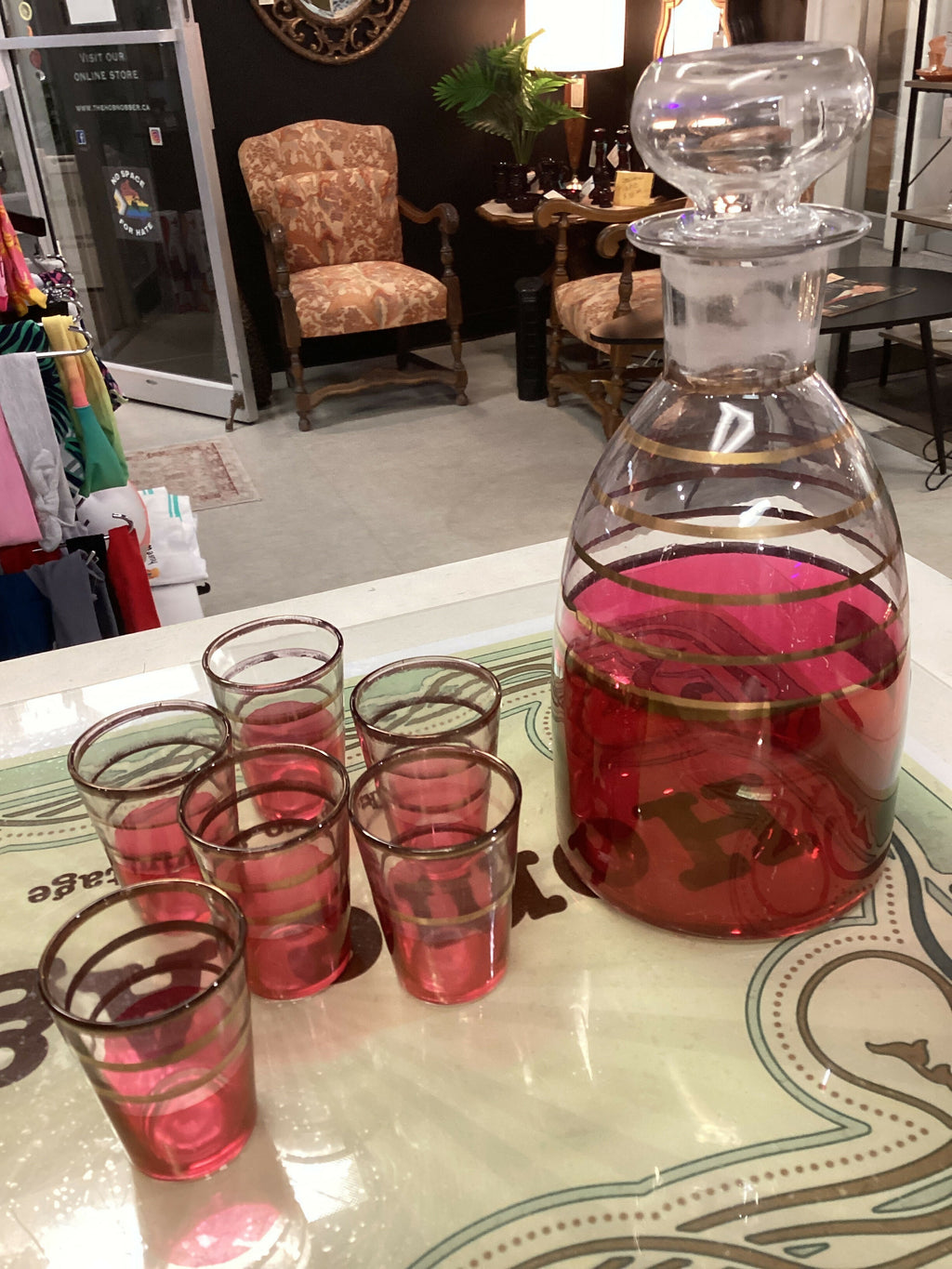 Vintage Ruby Red Decanter & 6 Shot glasses