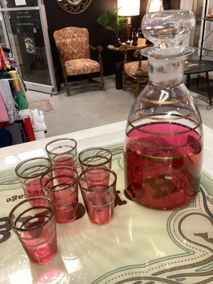 Vintage Ruby Red Decanter & 6 Shot glasses