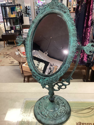 Vintage Dresser Mirror Oval Swivel On Foot Metal Weathered Green Tone Distressed