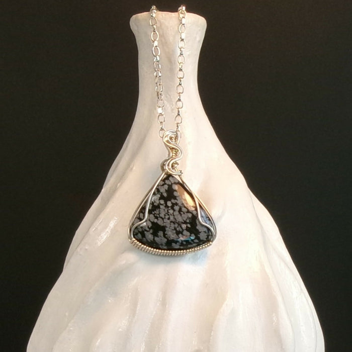 Snowflake Obsidian Argentium Sterling Silver LONG Necklace