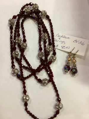 Vintage Deep Red Faucet Beads /Rhinestone Necklace & Earrings