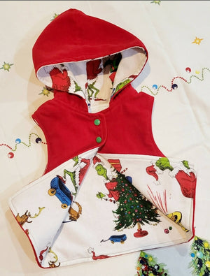 Red Velvet Grinch Lined Hooded Vest. Size 2/3 years