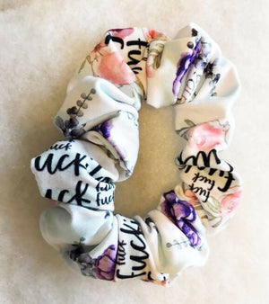 Hair Scrunchie - Floral Sweary Print on White Fabric - Drinkle Mall Location Only
