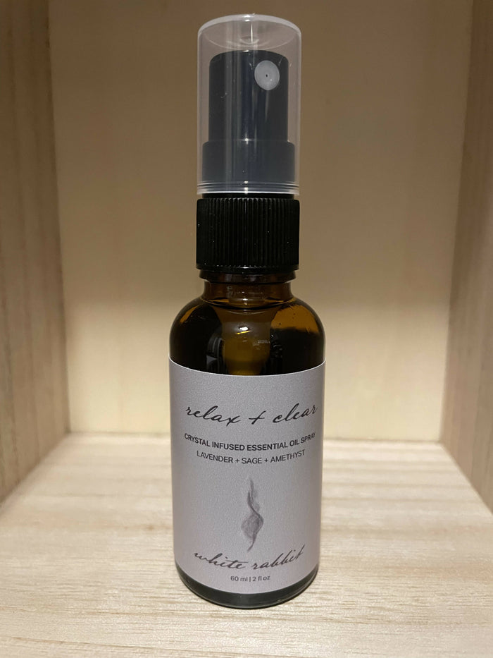 RELAX AND CLEAR LAVENDER AND SAGE CRYSTAL INFUSED ESSENTIAL OIL SPRAY