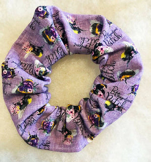 Hair Scrunchie - Sweary Bee Print on Purple Fabric - Drinkle Mall Location Only