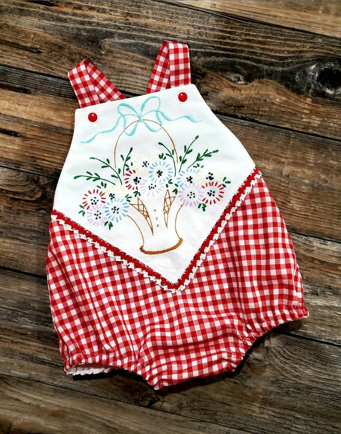 Gingham Romper with Vintage Hand Embroidery. Size 2/3 years