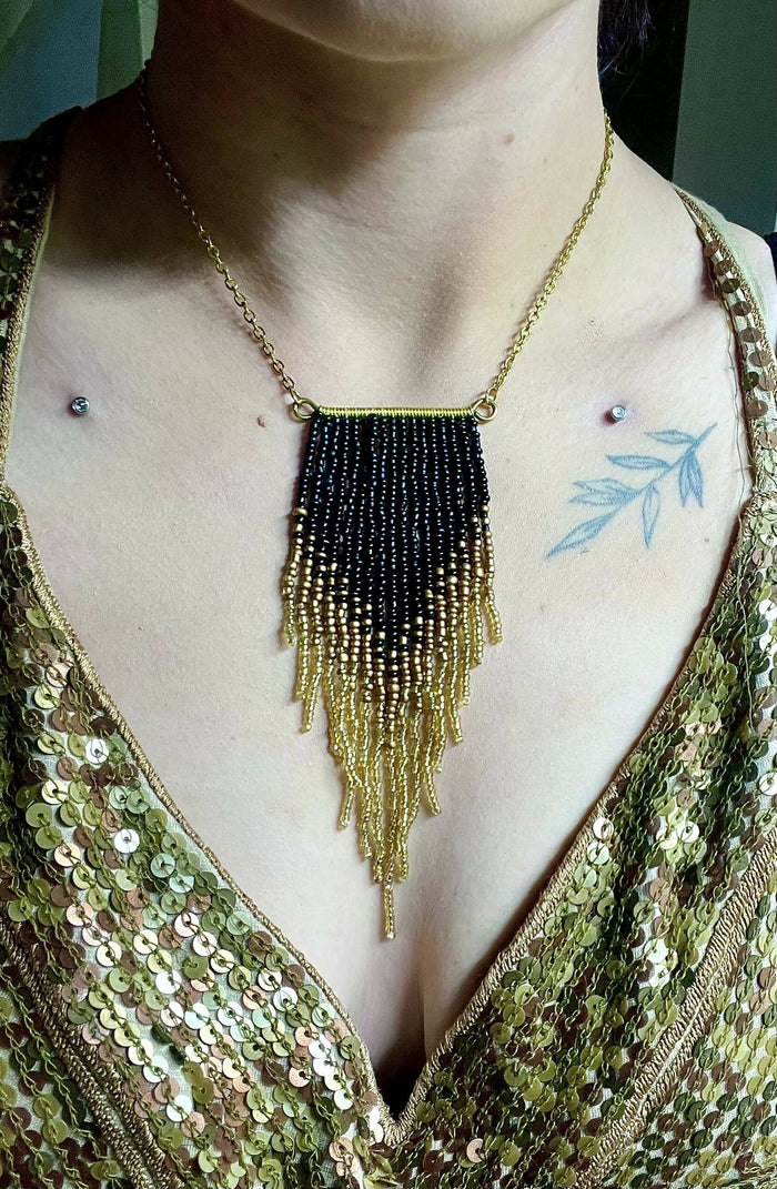 Black Beaded Fringe Necklace