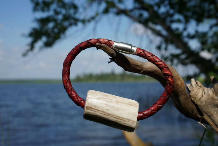 Weaved Leather Bracelet (Red) - With Antler