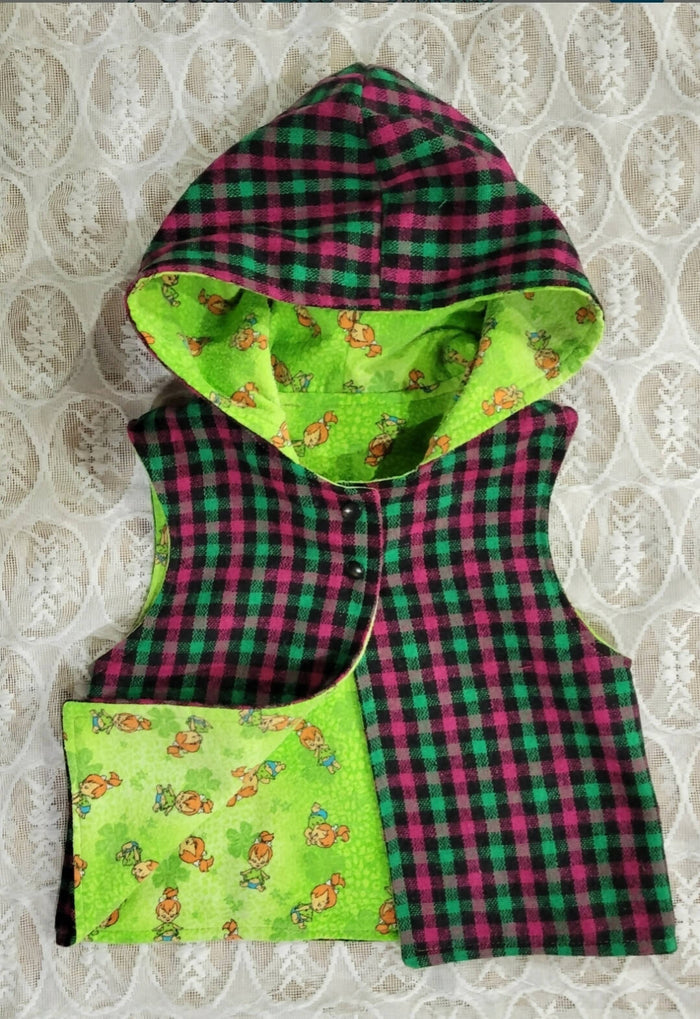 Vintage Wool Hooded Vest with Flintstone Flannel Lining. Size 2/3 years