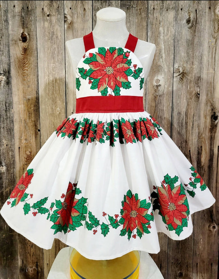 Poinsettia Swing Dress from Vintage Tablecloth. Size 6/7 years