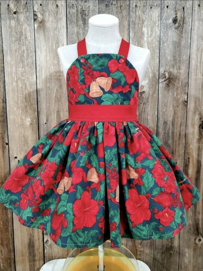 Holiday Floral and Bells Swing Dress. Size 8-10 years