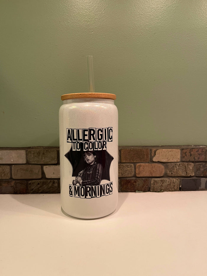Allergic to color (Wednesday) White Glitter Glass Beer Can Available at 33rd St Location