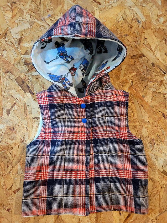 Vintage Wool Hooded Vest With Hockey Flannel Lining. Size 2/3 years