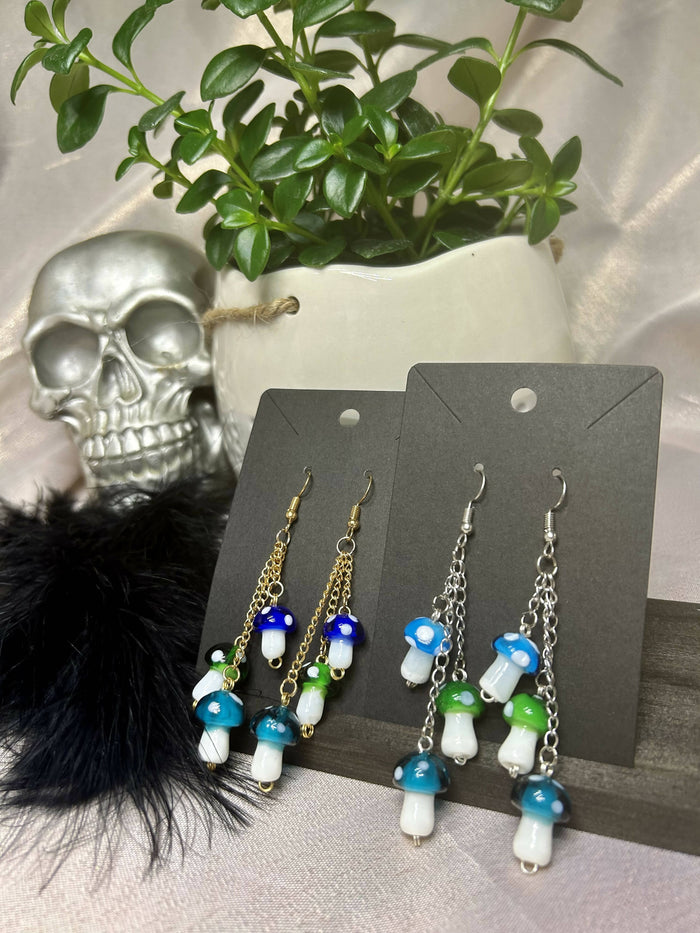 Blue Green Mushroom Dangle Earrings