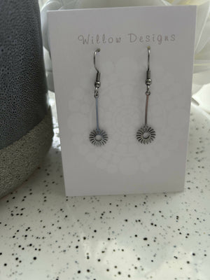 Stainless Steel Long Sunburst Dangly Earrings